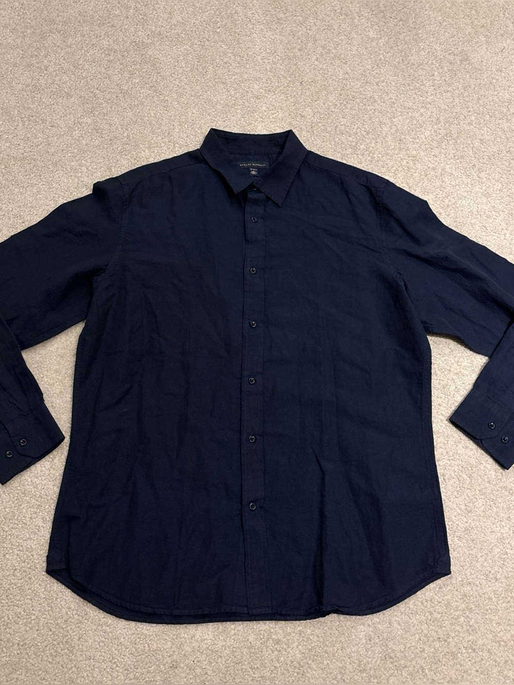 Banana Republic Dark Navy Blue Button Down Linen Cotton Shirt Men Size L 16-16.5